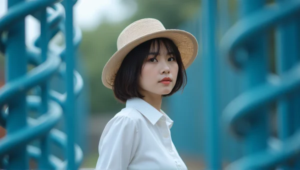 Woman in White Top Behind Blue Cyclone Fence