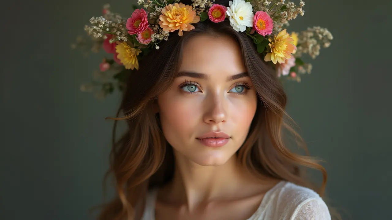 A woman wearing a crown of wildflowers, captured in soft natural light with flowing hair in the breeze.