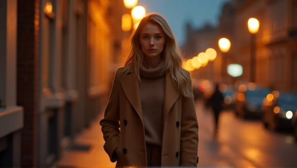 Woman in Wool Coat on Urban Sidewalk at Night