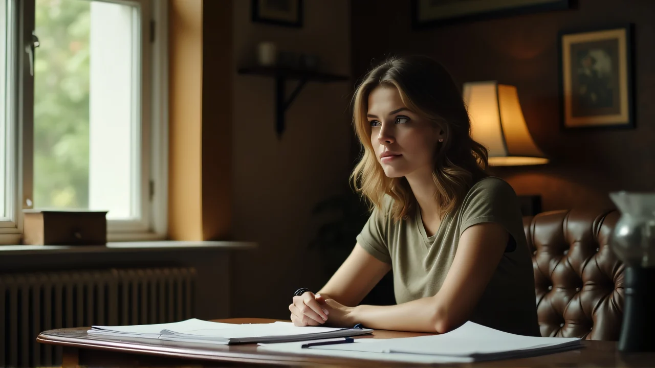 A woman sits at a vintage desk with scattered papers in soft afternoon light.