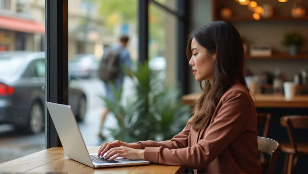 Woman Working on Laptop at Café Table