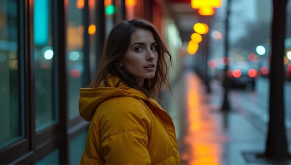 Woman in Yellow Coat on Rainy City Sidewalk
