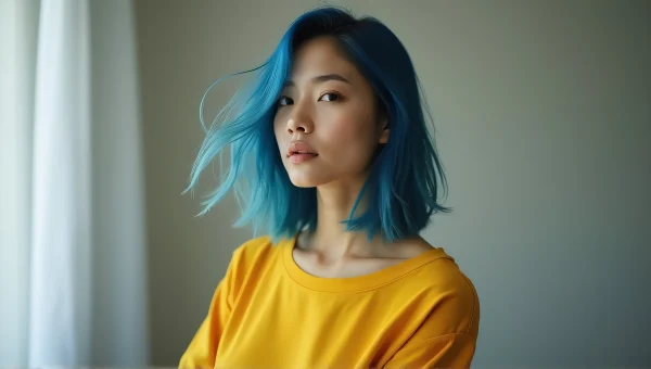 Woman in Yellow Shirt with Blue Hair Portrait