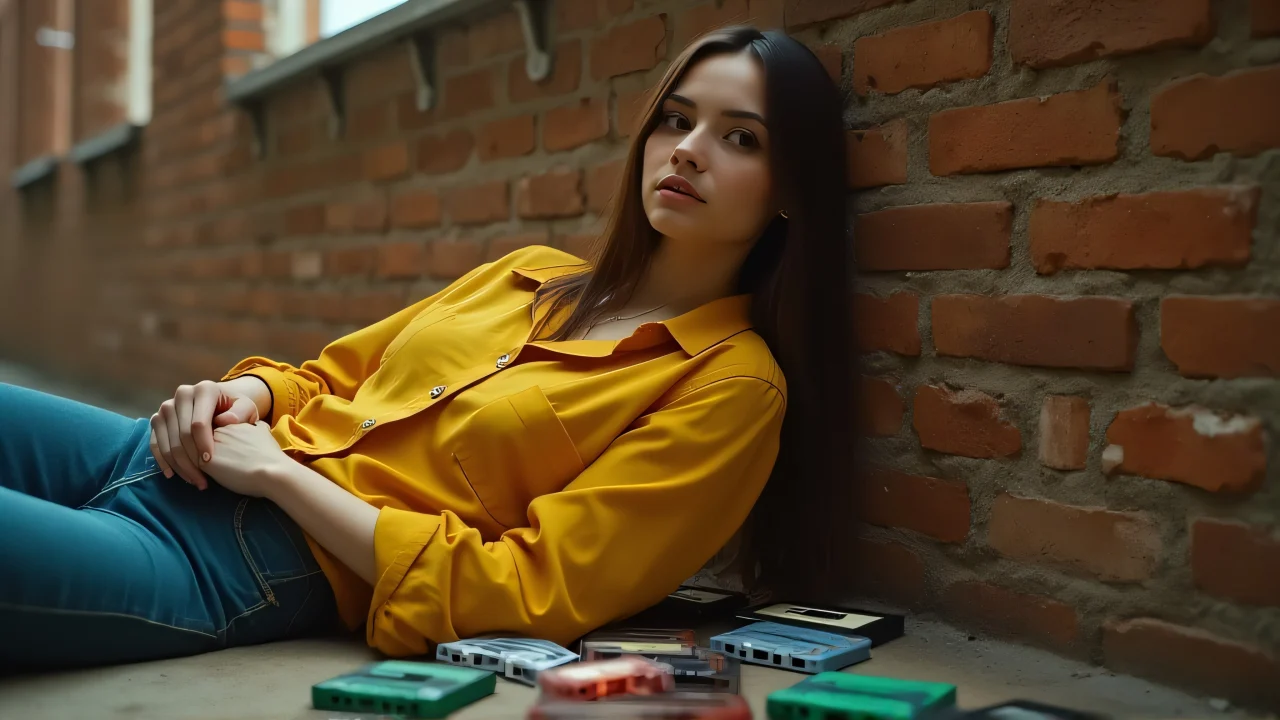 Young woman in yellow shirt leaning against a brick wall with scattered cassette tapes.