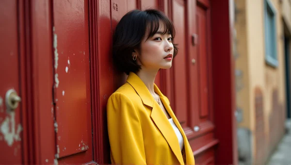 Woman in Yellow Suit by Weathered Red Door