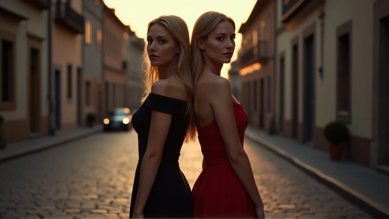 Two women in contrasting dresses pose back-to-back on a cobblestone street at dusk.