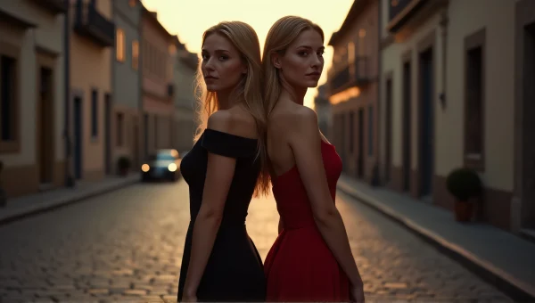 Women in Black and Red Dresses on Cobblestone Street