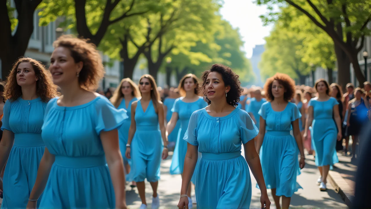 A group of women in blue dresses participate in a lively parade beside trees.