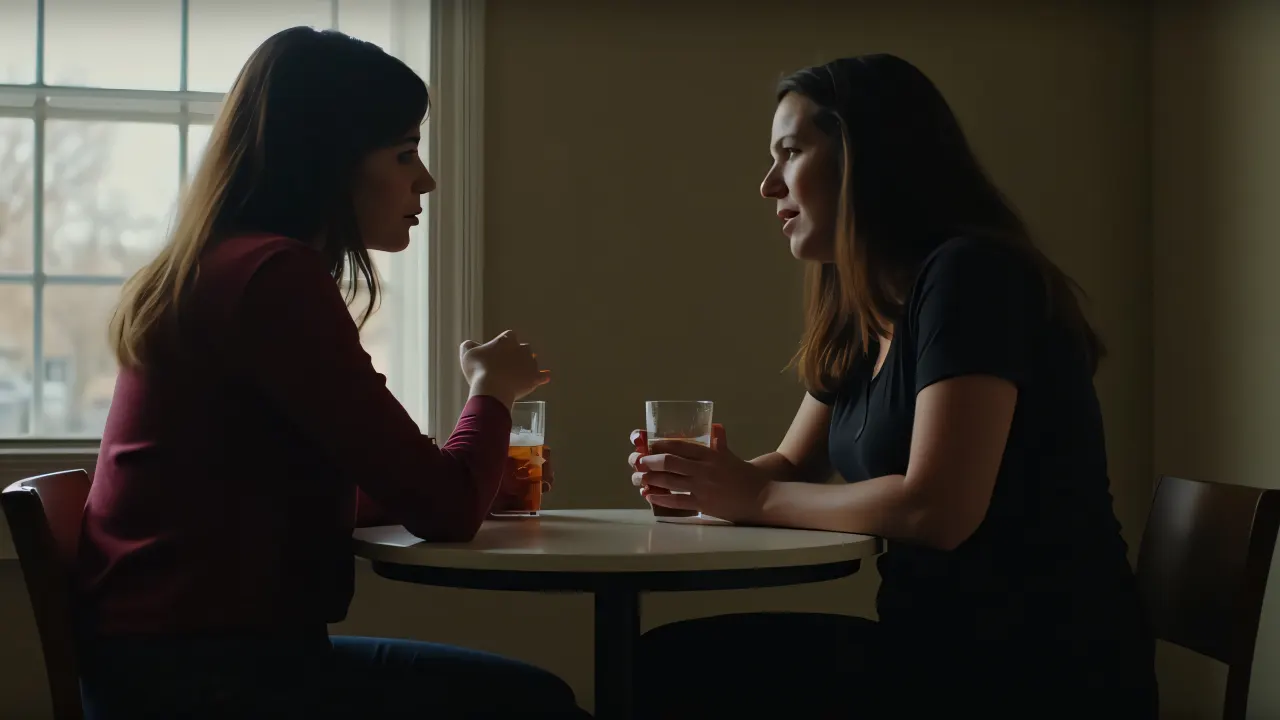 Two women engaged in conversation over drinks at a small table.
