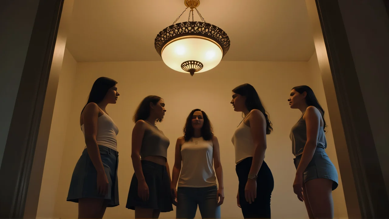 Four women socializing under a large chandelier in a spacious room.