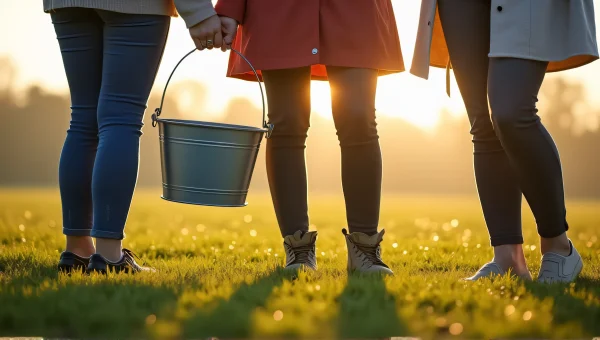 Women Holding Bucket in Dewy Grass Landscape