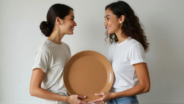 Women Holding Round Plate Together In Studio