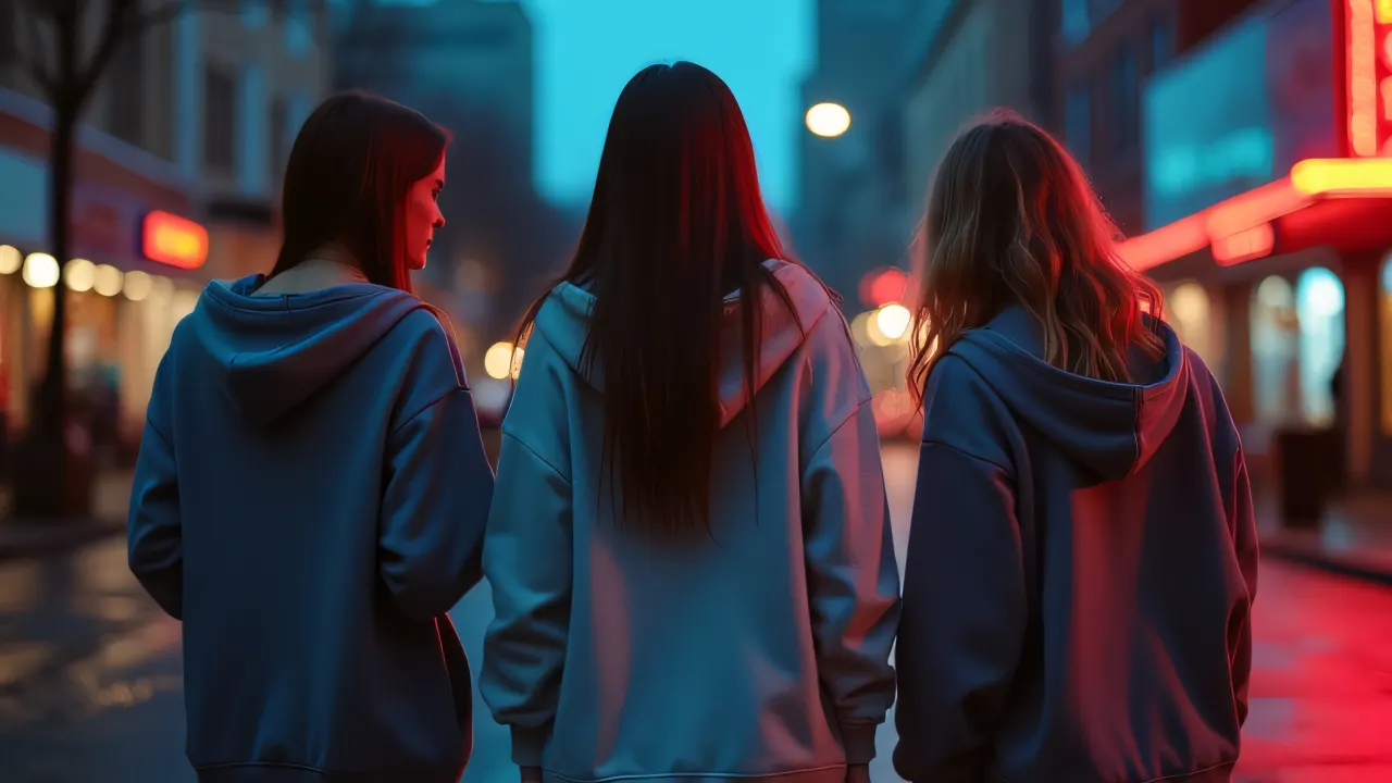 Three women in hoodies standing on a rain-slick sidewalk during dusk with neon reflections.