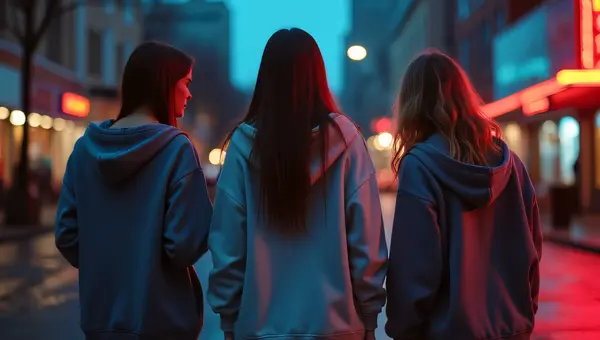Women in Hoodies on Urban Sidewalk at Dusk