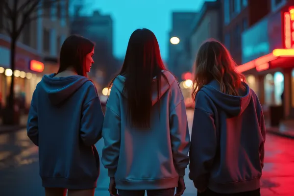Women in Hoodies on Urban Sidewalk at Dusk