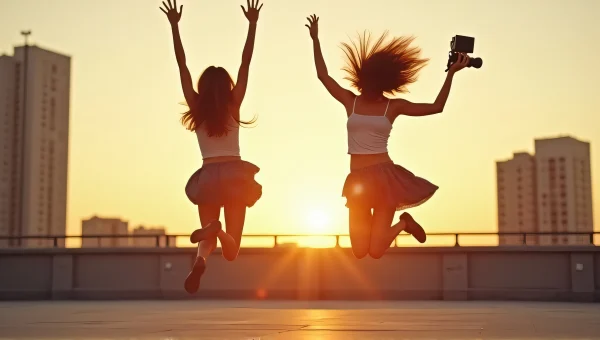 Women Jumping with Cameras on Urban Rooftop