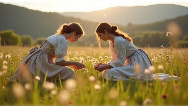 Women Picking Wildflowers In Sunlit Meadow
