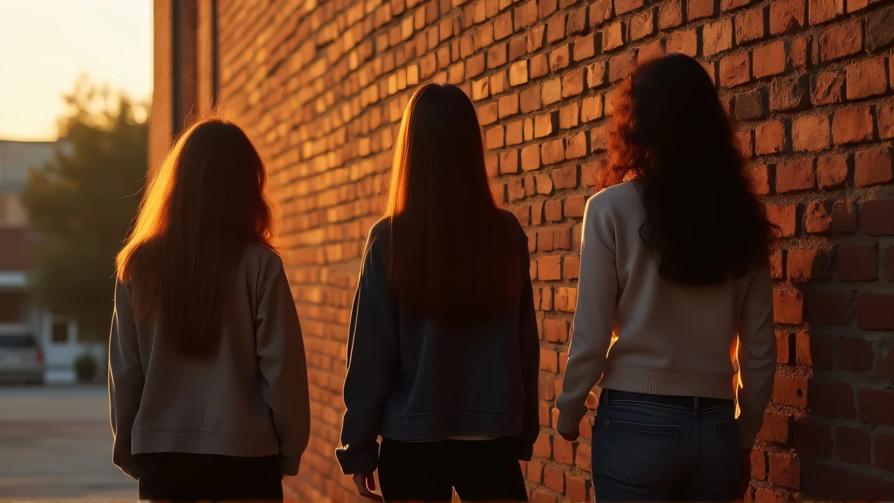 Three women pose near a textured brick wall at dusk, creating long shadows with soft sidelight.