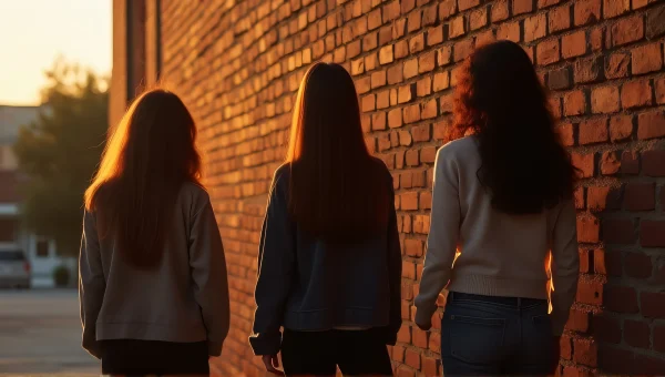 Women Posing by Textured Brick Wall at Dusk