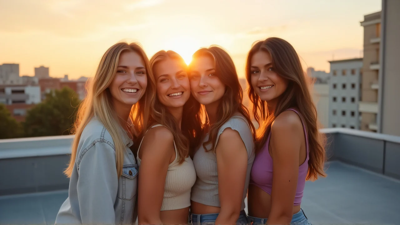 Four women with candid expressions posing on a sunlit urban rooftop.