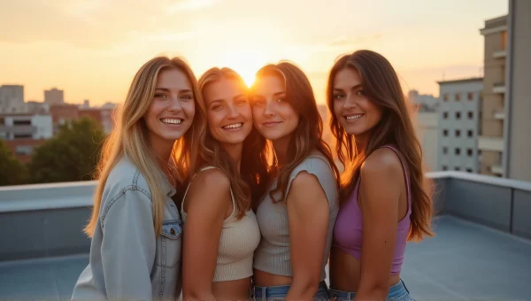 Women Posing on Rooftop During Golden Hour