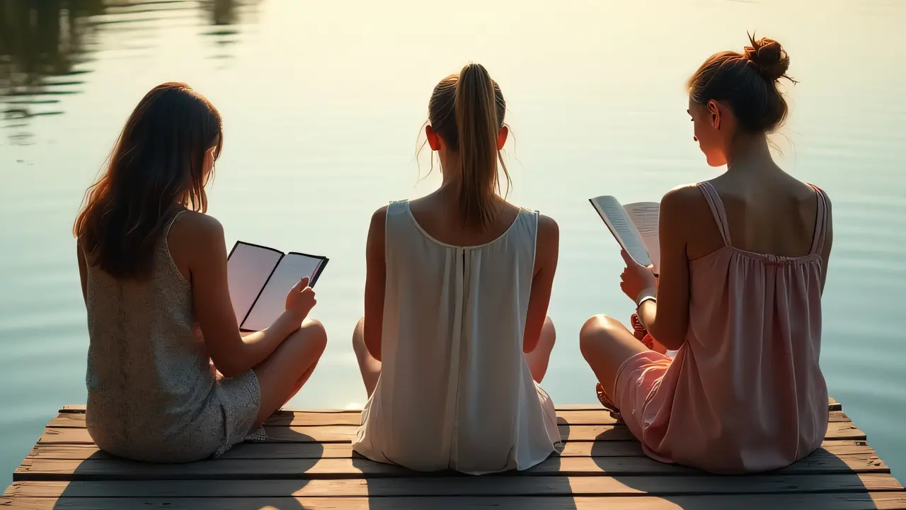 Three women enjoying leisure time on a dock beside a reflective pond.