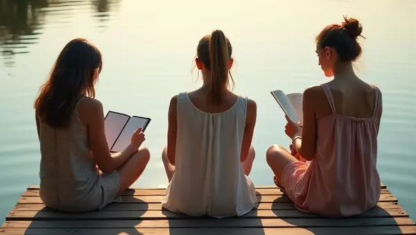 Women Relaxing on Dock with Pond Reflection