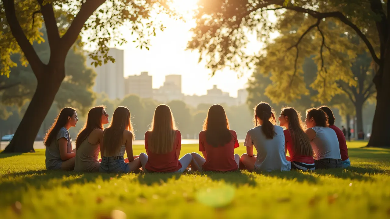 A group of women sitting on grass, enjoying a sunny day in a park with a city skyline in the background.