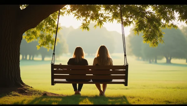 Women Relaxing On Swing Bench Under Oak Tree
