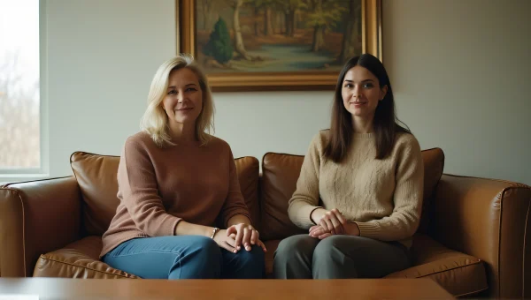 Women Relaxing Together on Mid-Century Sofa