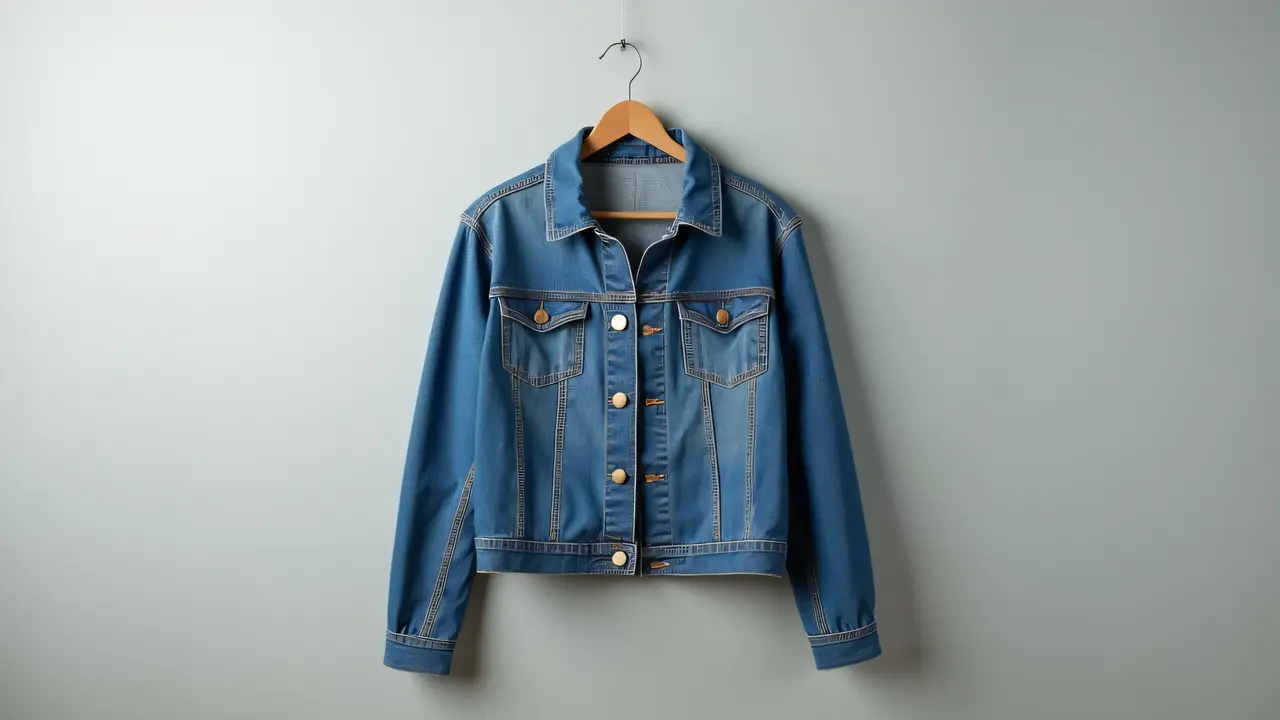 A women's denim jacket displayed on a hanger against a neutral studio background.