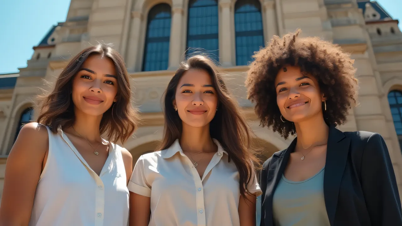 Three women candidly pose outside a stone civic building in natural midday light.