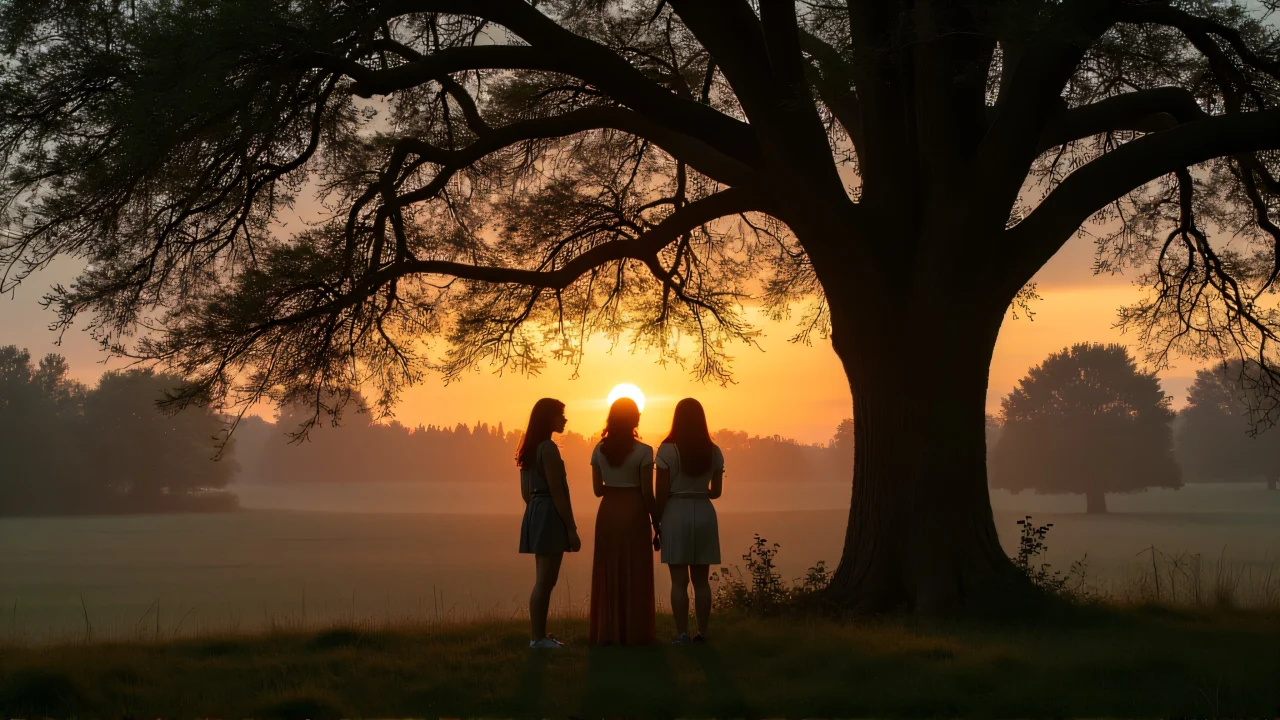 Three women stand together beneath an oak tree at dusk.