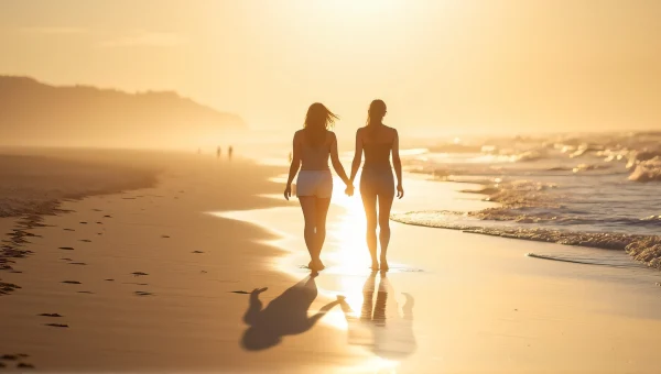 Women Walking On Shore At Low Tide Sunset