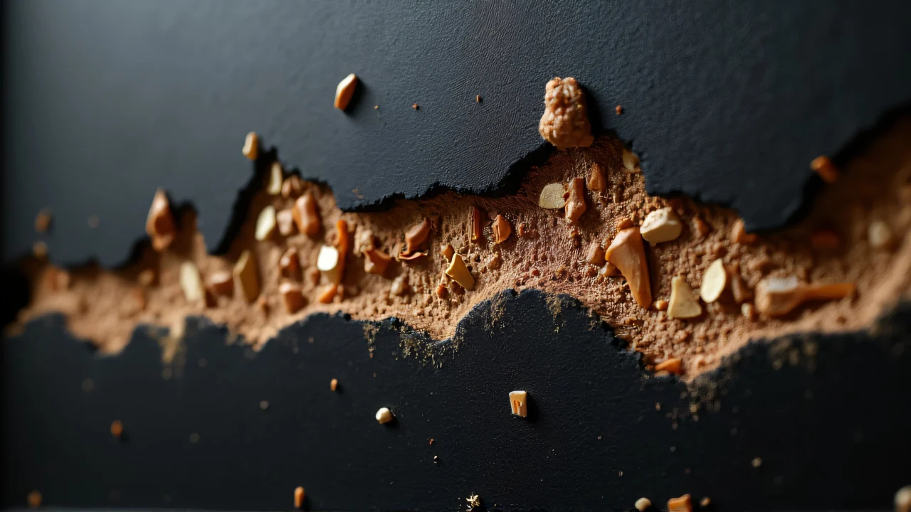 Close-up of wood fragments scattered on a matte black wall.