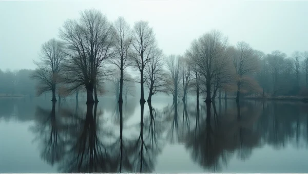 Wooded Area Reflected in Calm Water Underclouds