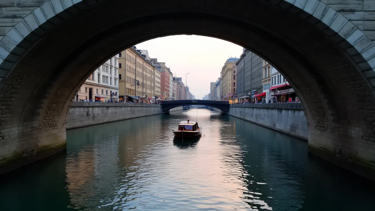 A small wooden boat floats on a calm river beneath a stone bridge, surrounded by city buildings at dusk.
