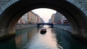 Wooden Boat On Calm River Under Bridge At Dusk