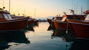Wooden Boats Docked At Dawn In Quiet Harbor