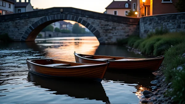 Wooden Boats Docked by Stone Bridge at Twilight