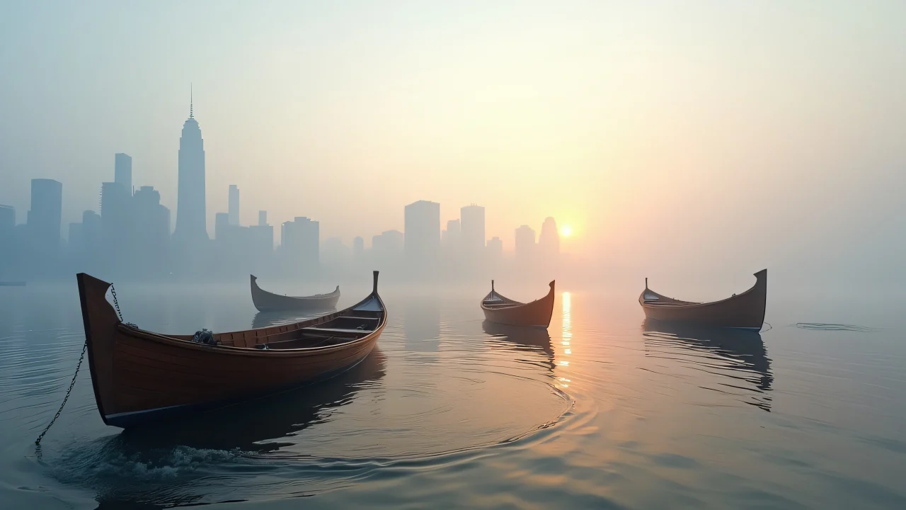 Wooden boats move towards a foggy city skyline at dawn with reflections in the water.