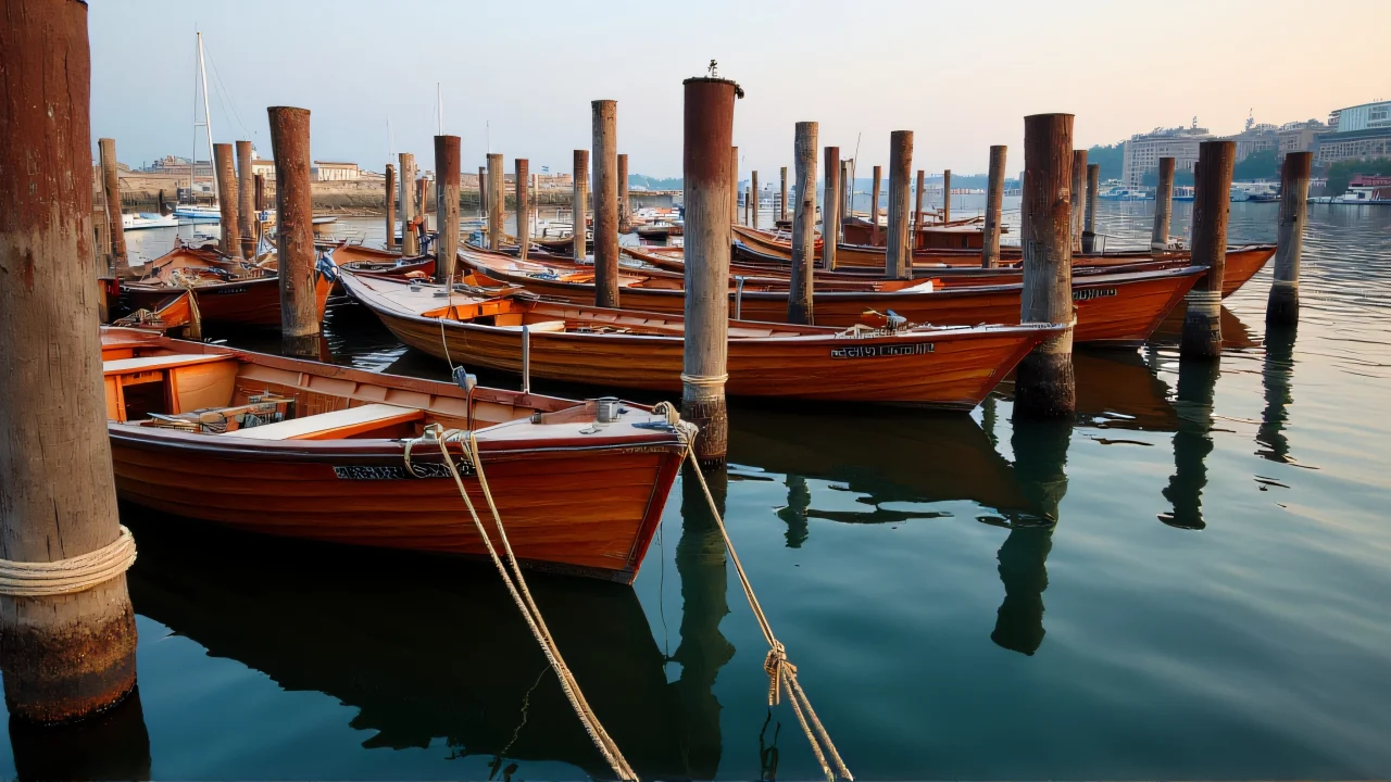 Several wooden boats tied to a lively dock at dawn, reflecting on the calm water.