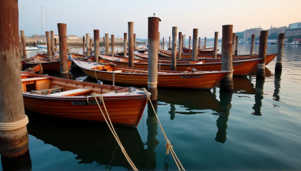 Wooden Boats Moored at Bustling Dock at Dawn