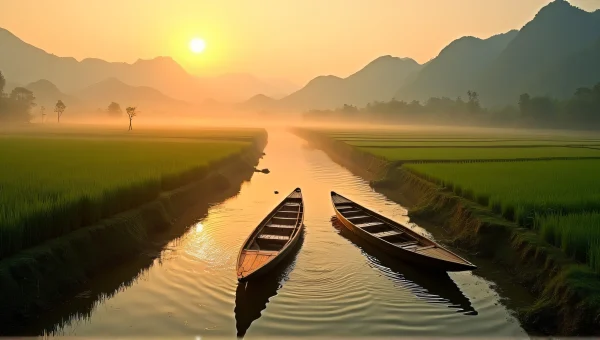 Wooden Boats on River at Golden Hour, Rice Fields