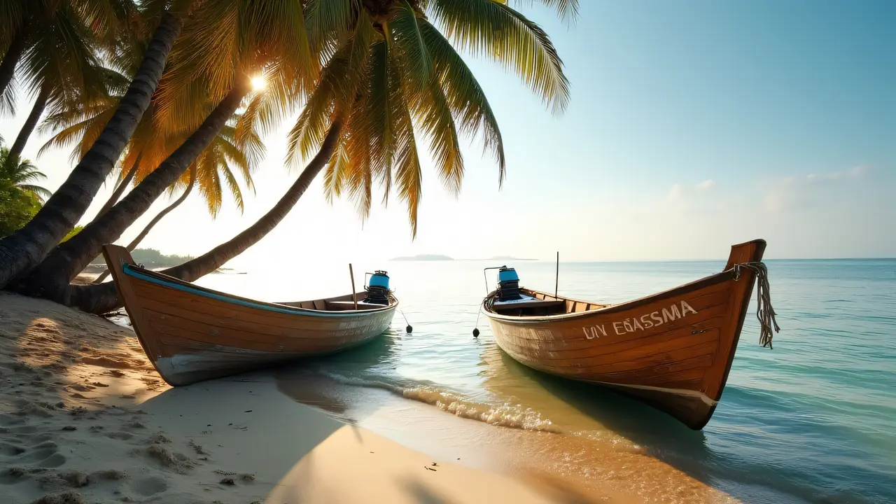 Two wooden boats secured to a sandy shore with palm trees under evening light.