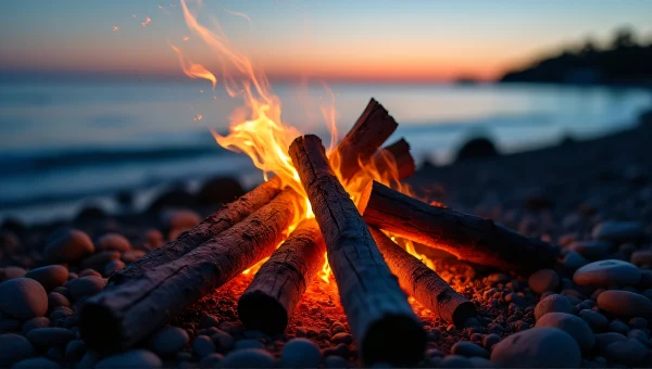 Wooden Bonfire on Rocky Beach at Dusk