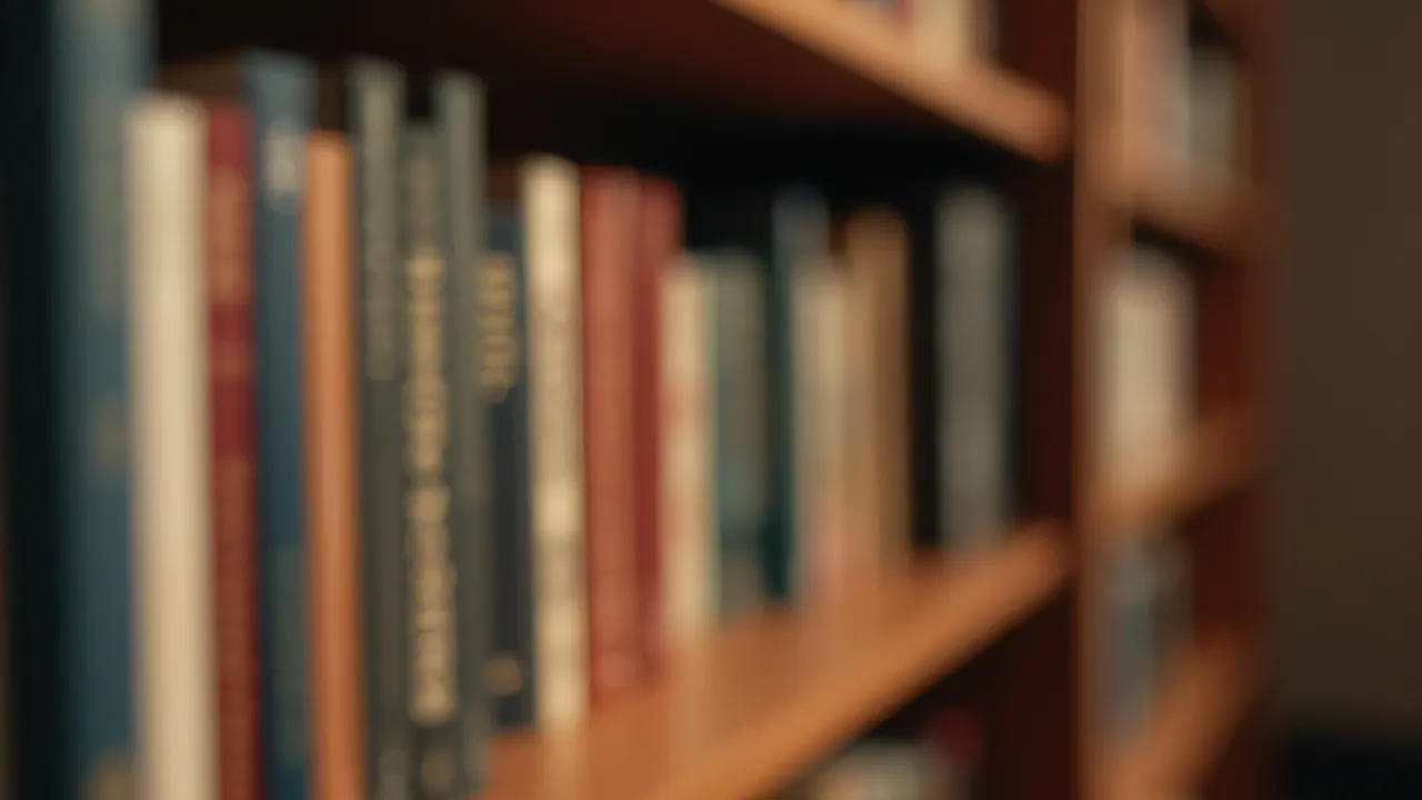 A selective-focus image of a wooden bookshelf with sharp books in the foreground and a blurred background.