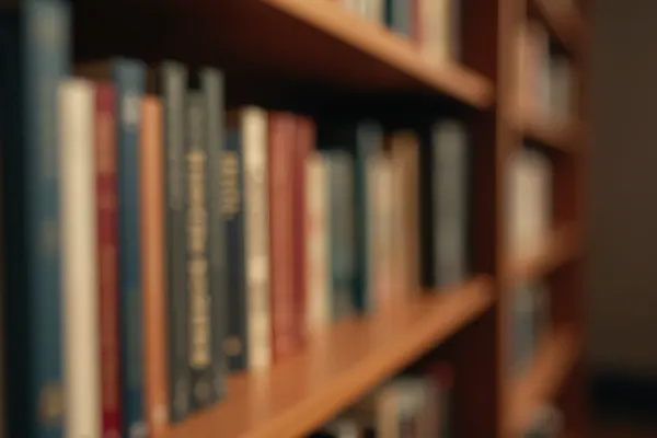 Wooden Bookshelf With Focused Books In Warm Light