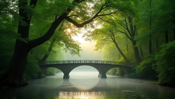 Wooden Bridge Over Misty River At Dawn