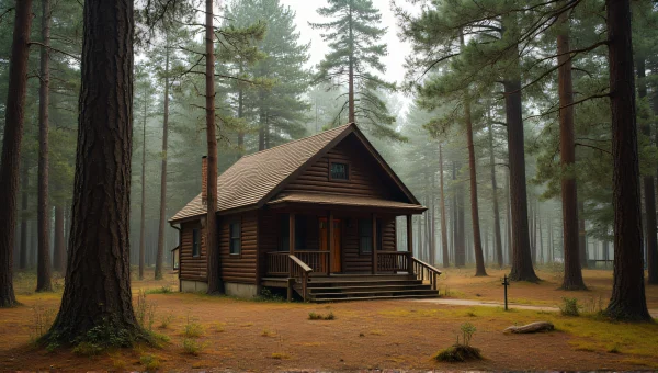 Wooden Cabin Nestled in Forest Morning Light
